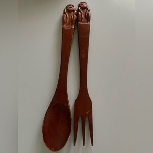 Vintage Hand Carved Wooden Monkey Spoon Fork Set Wall Hanging Rustic Utensils
